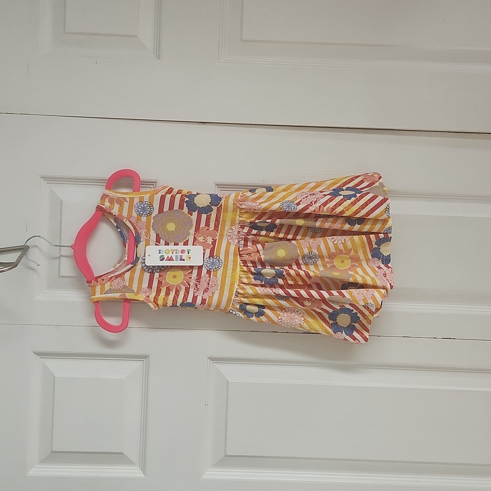 NWT Dot Dot Smile Pink red w/yellow stripes & color Flowers Tank Top Twirl Dress
